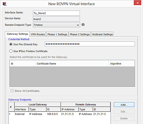 Captura de pantalla de la Configuración de la Puerta de Enlace de la Interfaz Virtual BOVPN, Centro de Datos a la Tienda 2